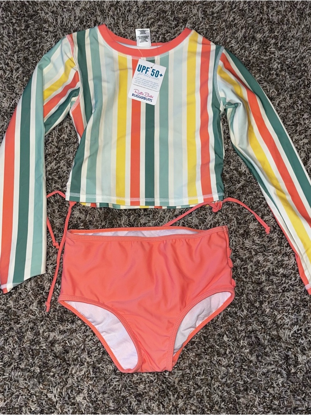 Girls UPF 50+ Coral High-Waist Bikini Bottom & Striped Long-Sleeve Rash Guard